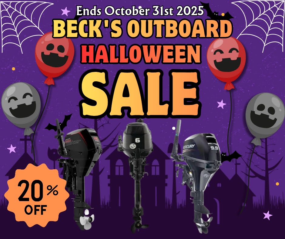 Becks Outboard Inc, Halloween Sale 2025, up to 20 percent off mercury portable outboard engines in store only