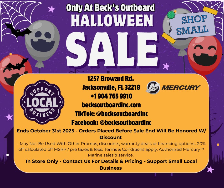 Becks Outboard Inc, Halloween portable engine sale, 20 percent off mercury outboard engines under 25 horsepower ends oct 31 2025